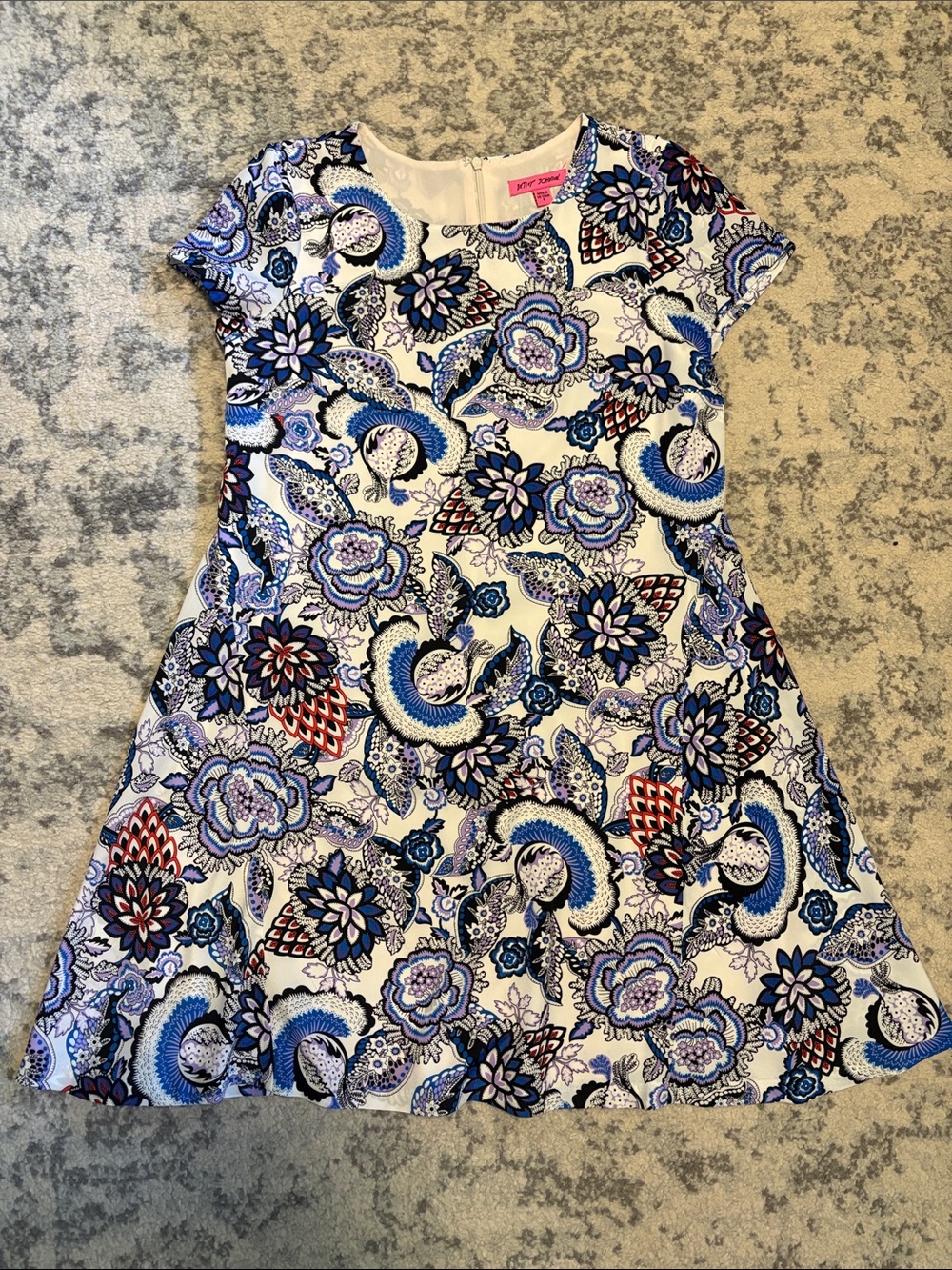 Betsey Johnson White Dress with Blue, Purple & Red Paisley Floral Print